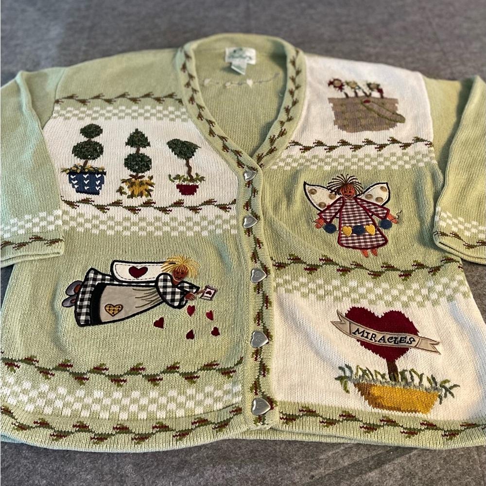 Quaker‎ Factory Cardigan Sweater L Green Embroidered Appliqué Angel Heart Ramie